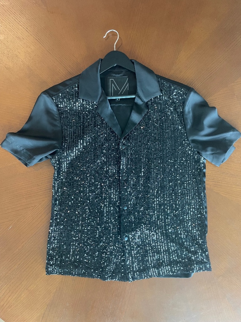 Black Sequin & Satin Bowling Shirt, Size Medium